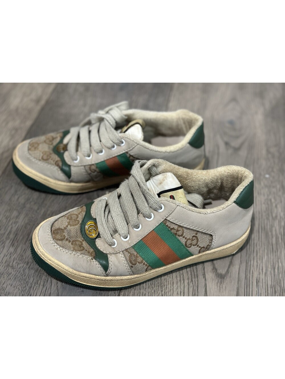 Gucci Kids Screener Sneakers in butter leather and original GG canvas, Size 3